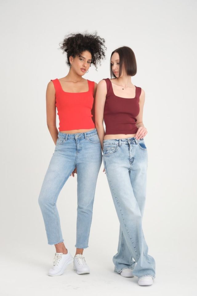 Kare Yaka Kolsuz Crop Kadın Triko BORDO