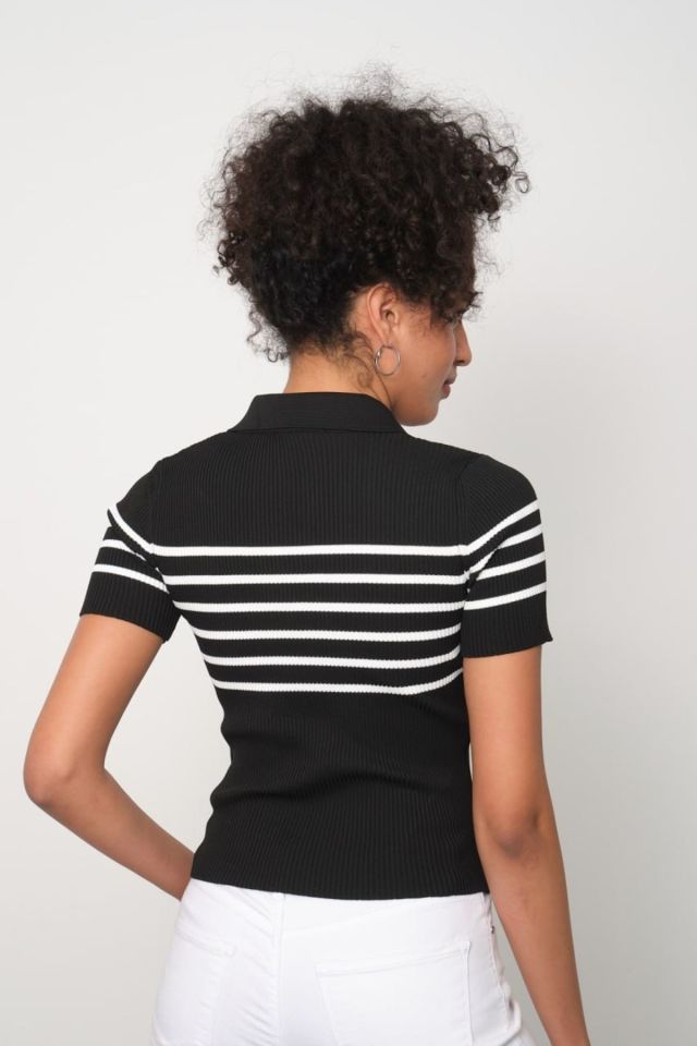 V Yaka Esnek Crop Çizgili Triko SİYAH