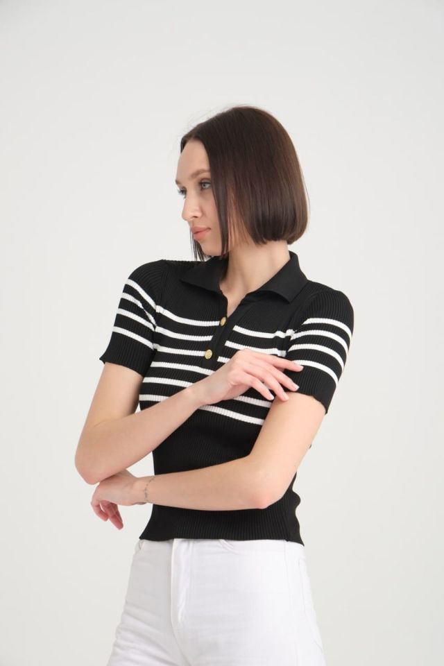 V Yaka Esnek Crop Çizgili Triko SİYAH