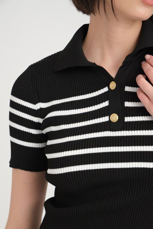 V Yaka Esnek Crop Çizgili Triko SİYAH