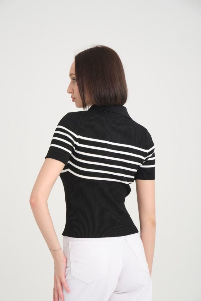 V Yaka Esnek Crop Çizgili Triko SİYAH