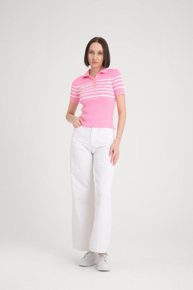 V Yaka Esnek Crop Çizgili Triko PEMBE