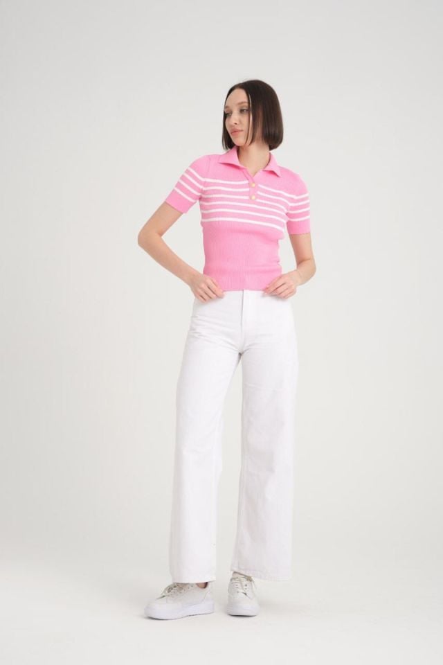 V Yaka Esnek Crop Çizgili Triko PEMBE