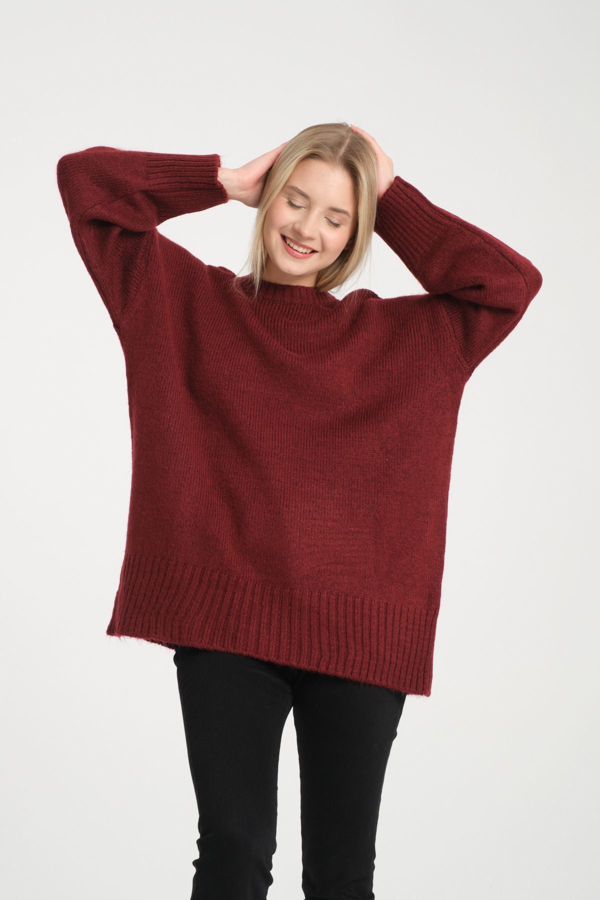 Oversize Basic Uzun Kadın Kazak BORDO - Standart