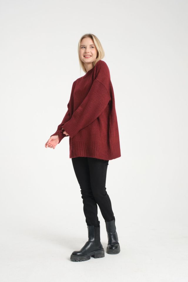 Oversize Basic Uzun Kadın Kazak BORDO - Standart