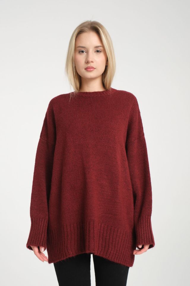 Oversize Basic Uzun Kadın Kazak BORDO - Standart