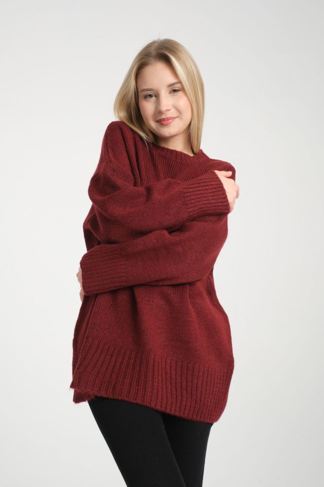 Oversize Basic Uzun Kadın Kazak BORDO - Standart