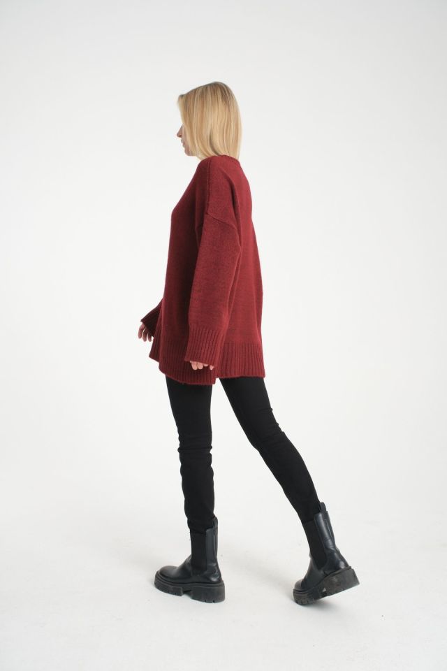 Oversize Basic Uzun Kadın Kazak BORDO - Standart