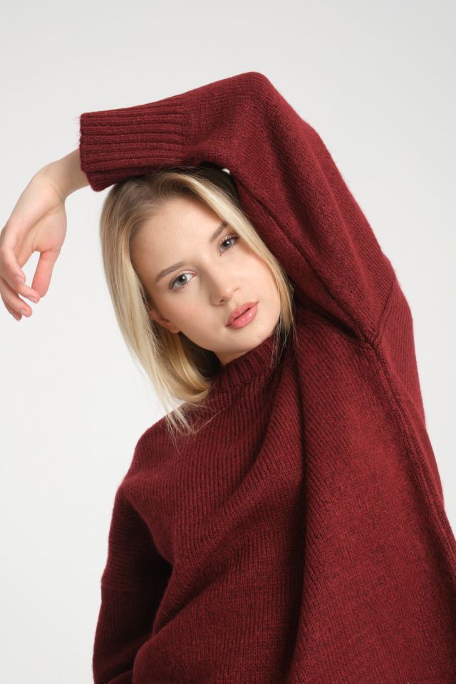 Oversize Basic Uzun Kadın Kazak BORDO - Standart