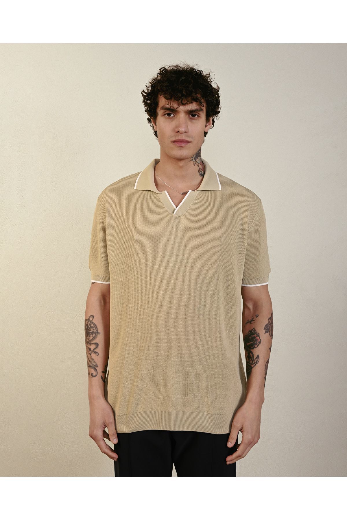 Oversize Premium Basic Triko T-shirt Bej - M