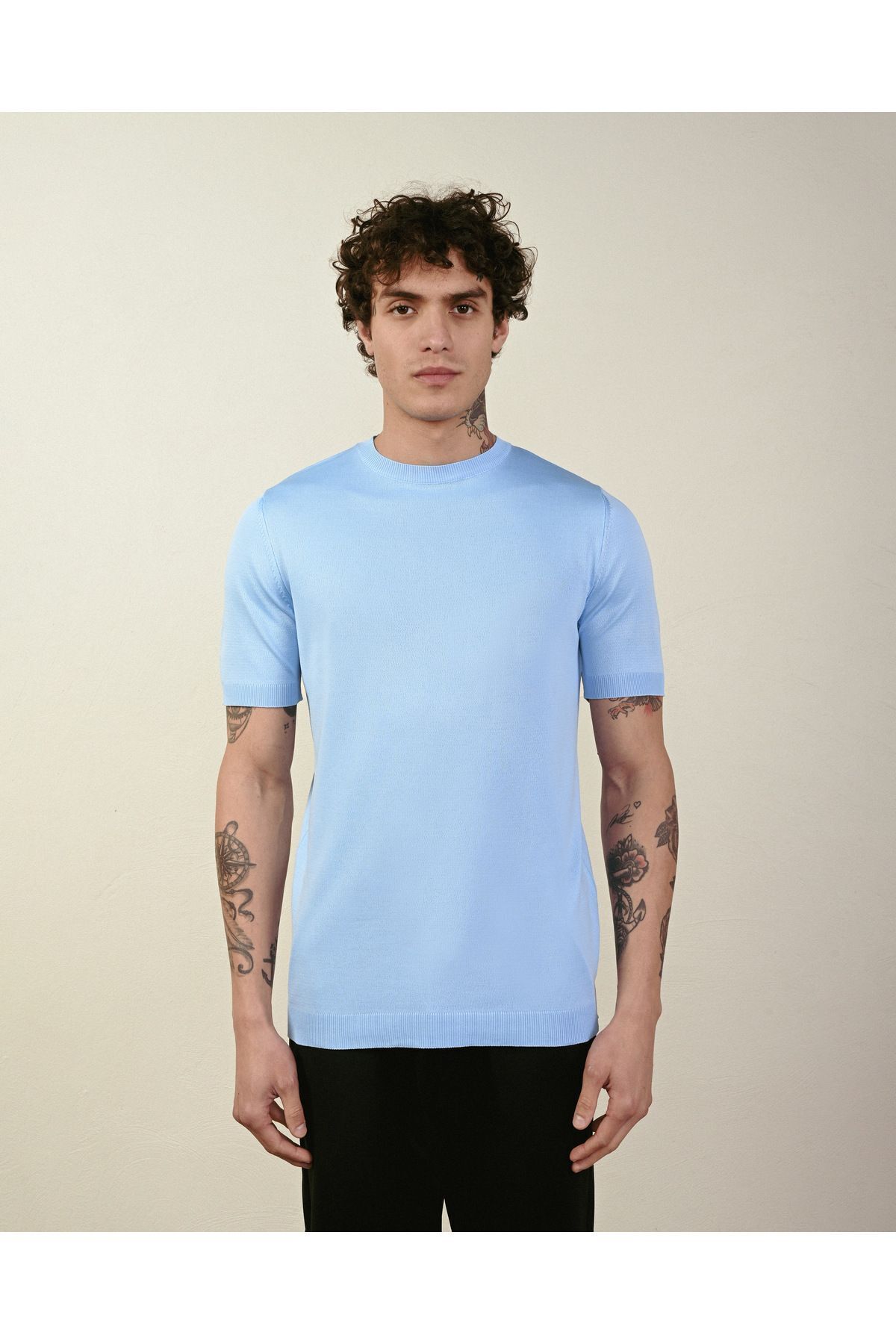 Dar Kesim Basic Erkek Triko Tshirt BEBE MAVİ - L