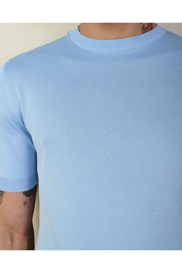 Dar Kesim Basic Erkek Triko Tshirt BEBE MAVİ - L