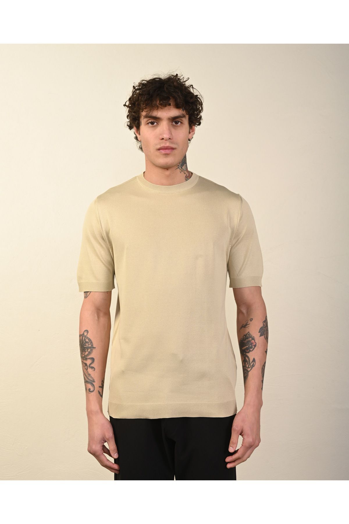Dar Kesim Basic Erkek Triko Tshirt VİZON - M