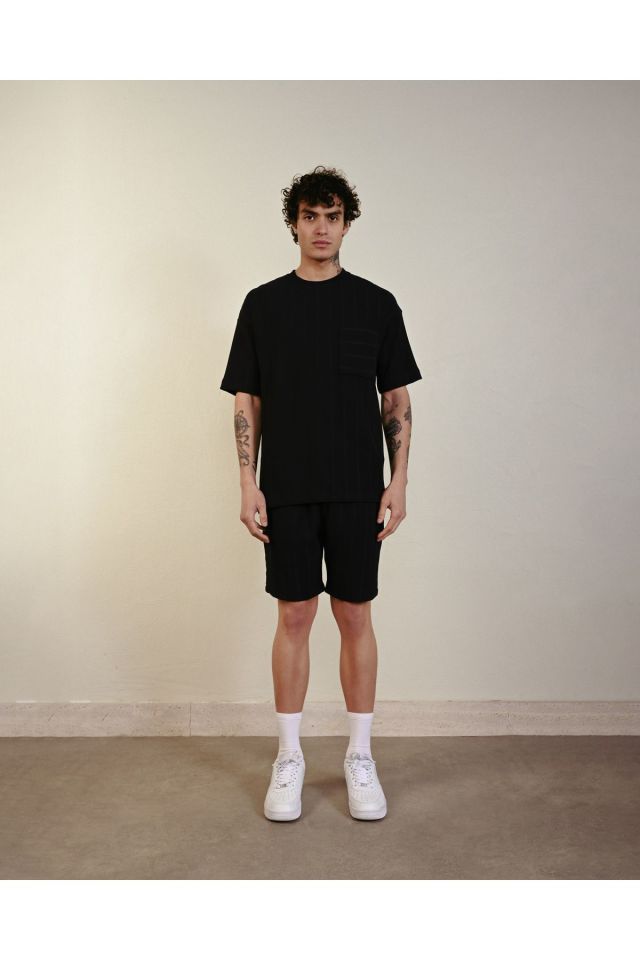 Cepli Çizgi Detay Oversize Tshirt