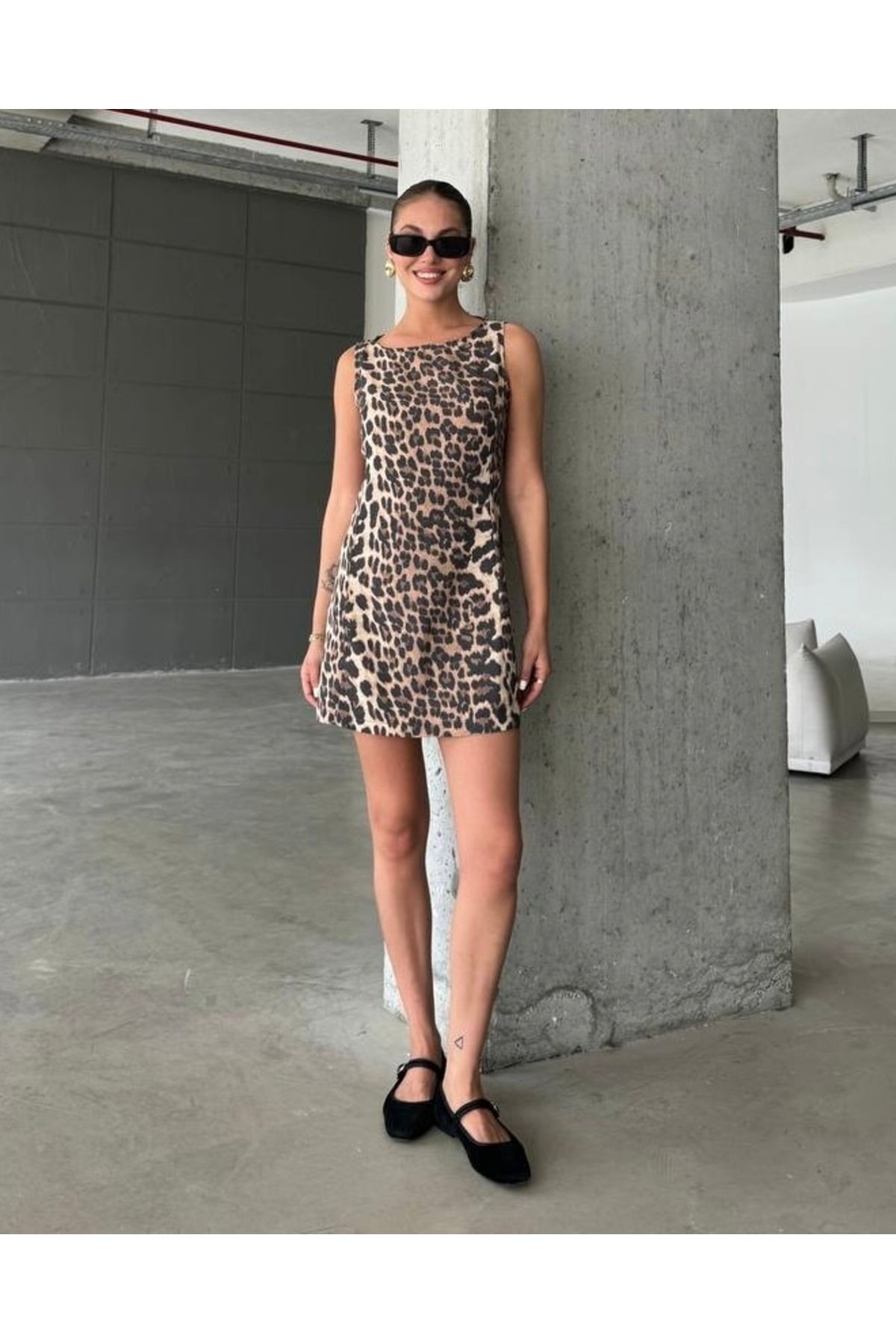 Leopar Desenli Eskitme Keten Mini Boy Elbise