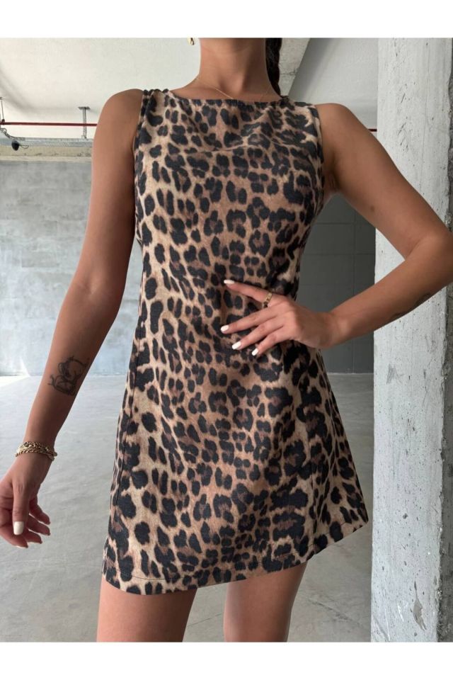 Leopar Desenli Eskitme Keten Mini Boy Elbise