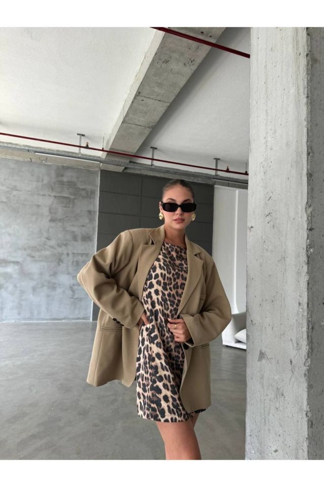 Leopar Desenli Eskitme Keten Mini Boy Elbise