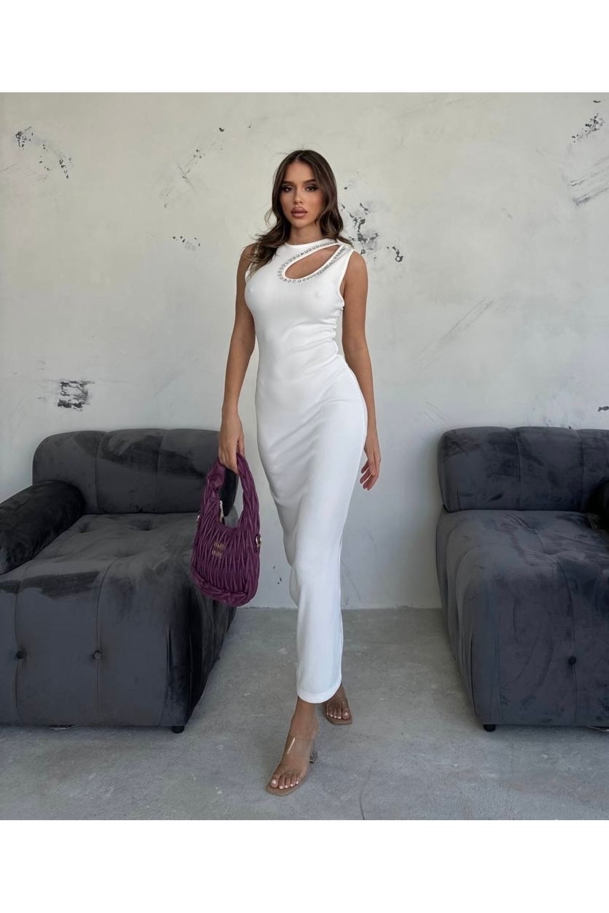 Damla Dekolteli Kadın Slim Fit Taşlı Elbise