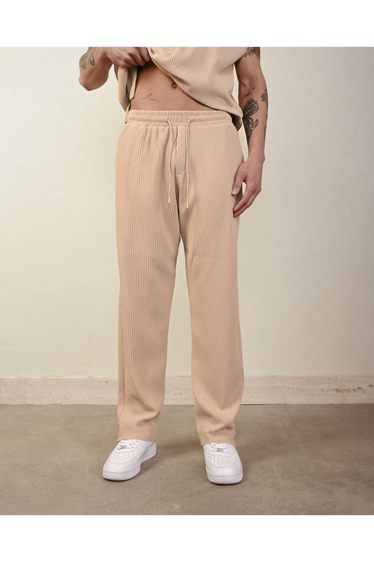 Fitilli Oversize Ottoman Pantolon VİZON - L