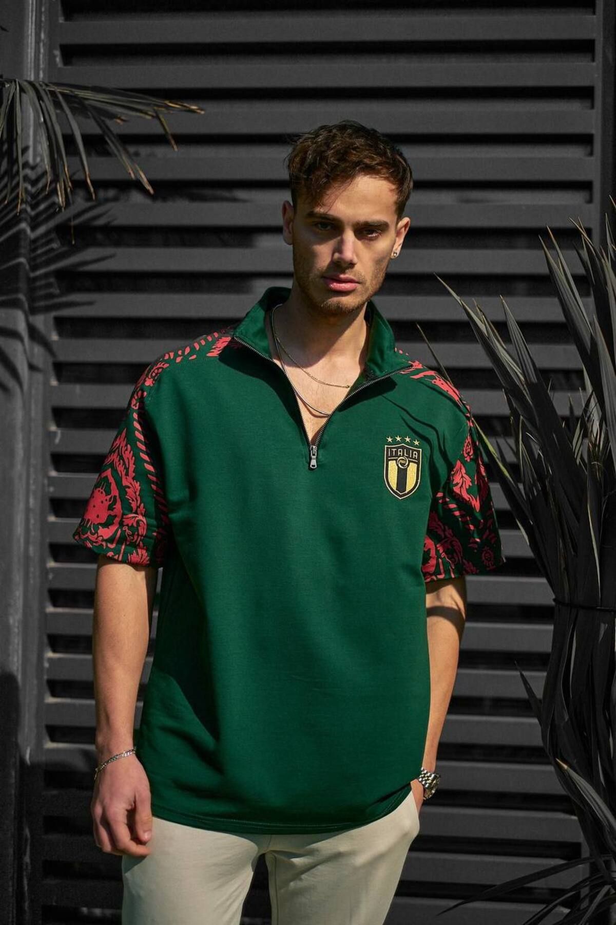 İtalya Nakışlı Unisex Oversize Tshirt YEŞİL - M