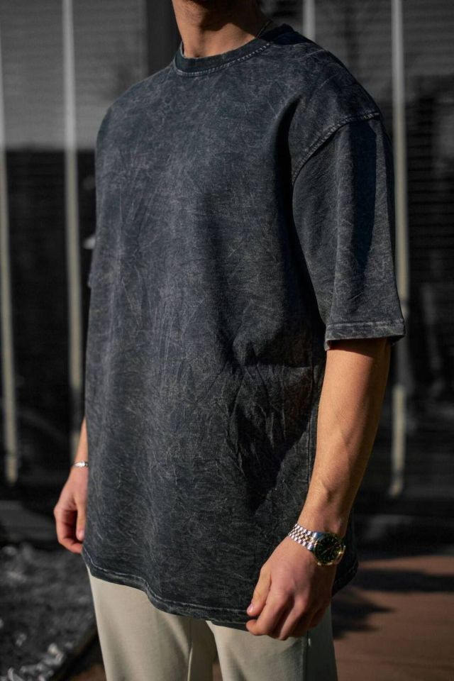 Yıkama Detay Oversize Unisex Penye Tshirt FÜME - M