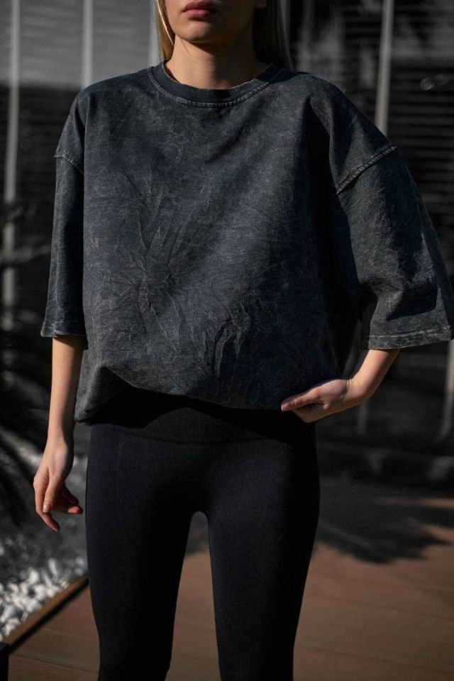 Yıkama Detay Oversize Unisex Penye Tshirt FÜME - M