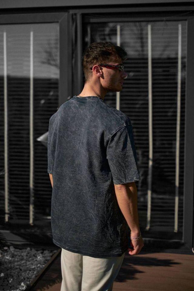 Yıkama Detay Oversize Unisex Penye Tshirt FÜME - M