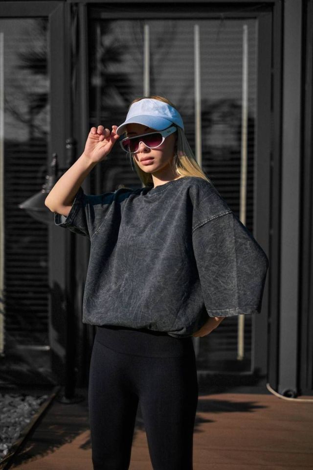 Yıkama Detay Oversize Unisex Penye Tshirt FÜME - M