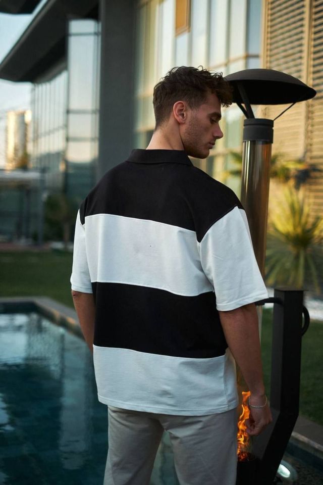Yakalı Parça Detay Unisex Oversize Tshirt SİYAH - XL