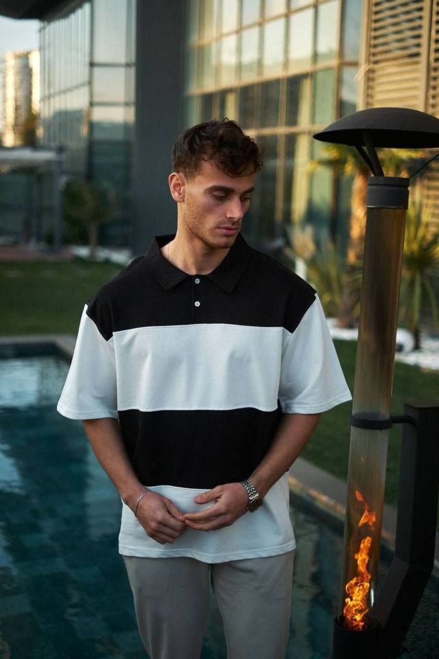 Yakalı Parça Detay Unisex Oversize Tshirt SİYAH - XL