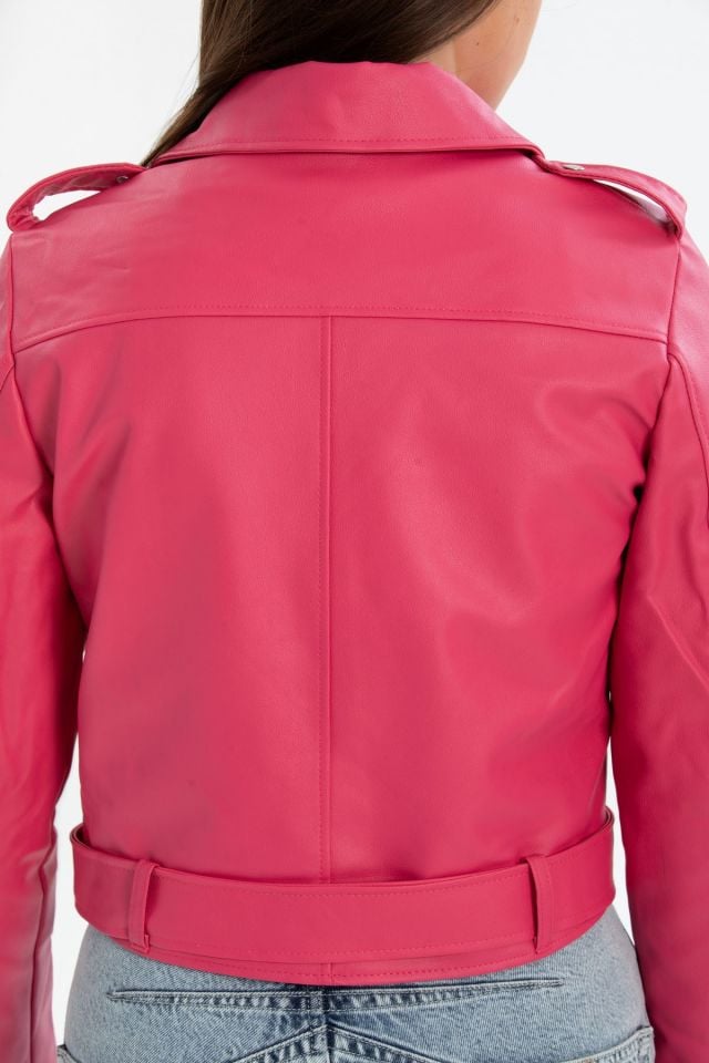 Kadın Kemerli Deri Ceket Slim Fit