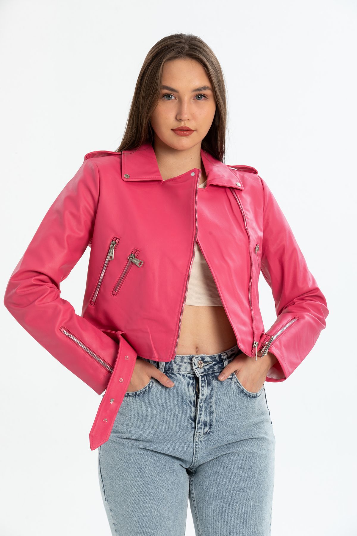 Kadın Kemerli Deri Ceket Slim Fit