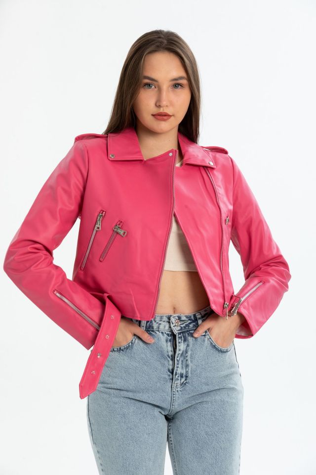 Kadın Kemerli Deri Ceket Slim Fit