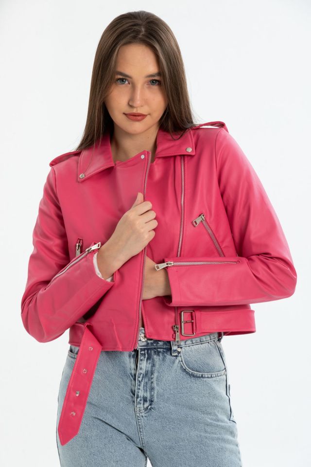 Kadın Kemerli Deri Ceket Slim Fit