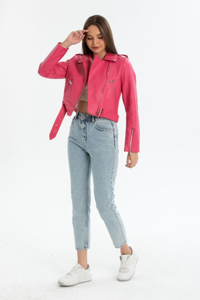 Kadın Kemerli Deri Ceket Slim Fit