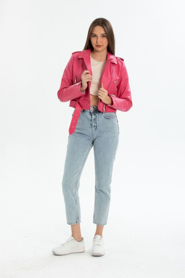 Kadın Kemerli Deri Ceket Slim Fit
