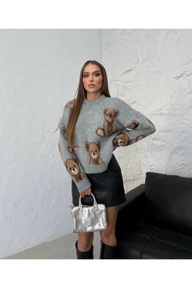 Ayı Nakışlı Kadın Oversize Kazak