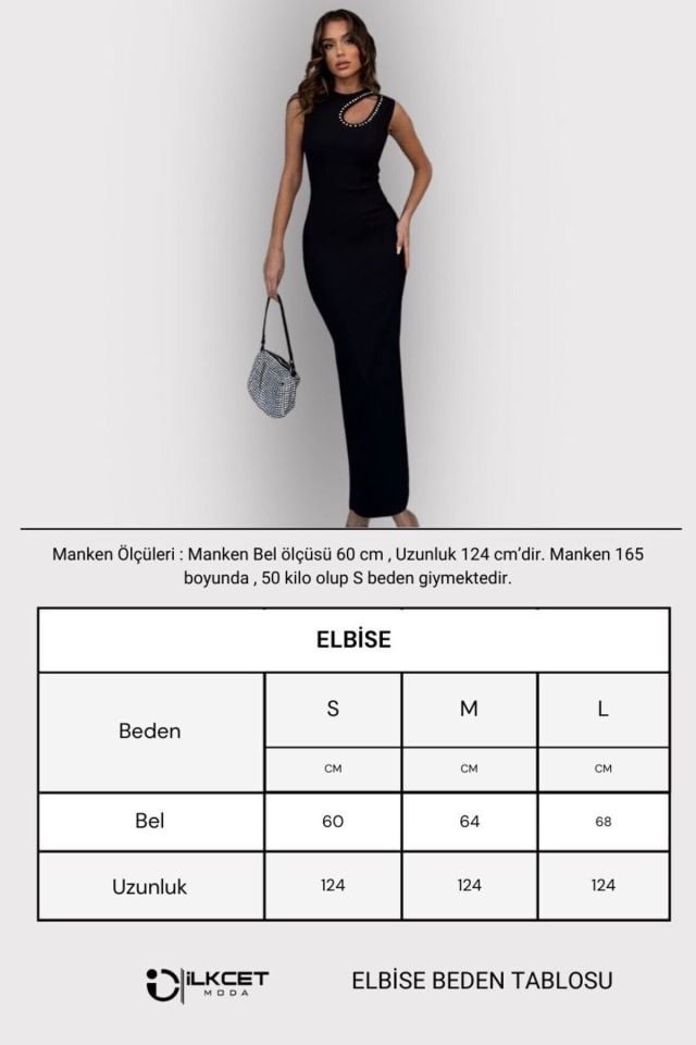 Damla Dekolteli Kadın Slim Fit Taşlı Elbise SİYAH - M