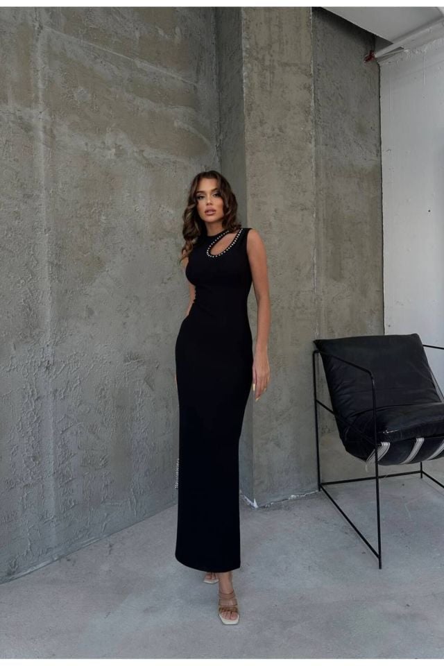 Damla Dekolteli Kadın Slim Fit Taşlı Elbise SİYAH - M