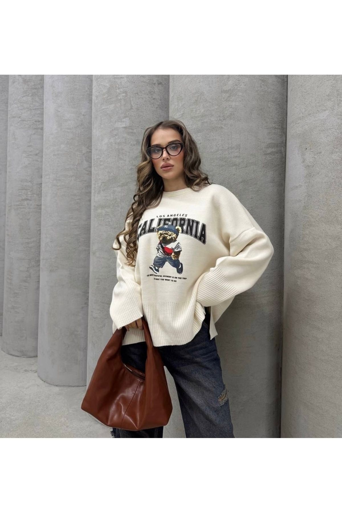 Ayıcık Baskılı Triko Oversize Kazak