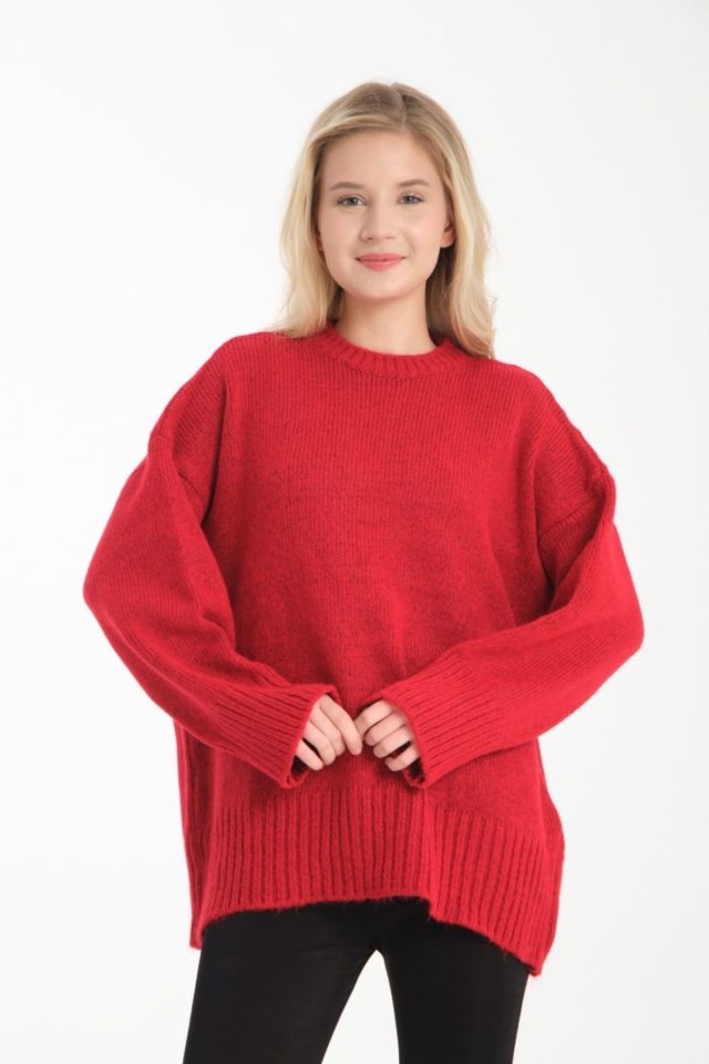 Oversize Basic Uzun Kadın Kazak KIRMIZI - Standart