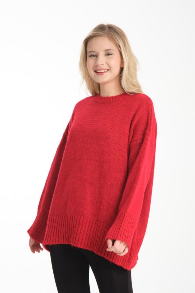 Oversize Basic Uzun Kadın Kazak KIRMIZI - Standart