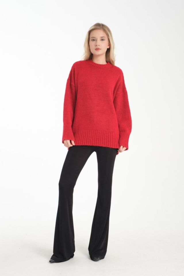 Oversize Basic Uzun Kadın Kazak KIRMIZI - Standart