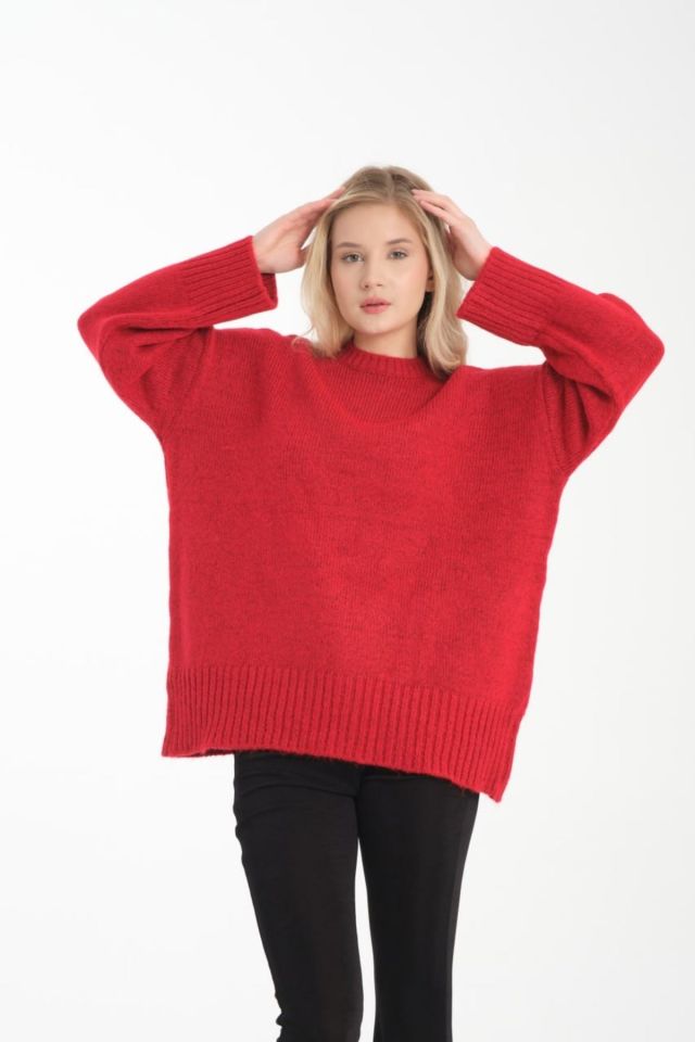 Oversize Basic Uzun Kadın Kazak KIRMIZI - Standart
