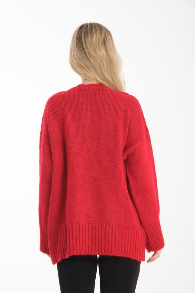 Oversize Basic Uzun Kadın Kazak KIRMIZI - Standart