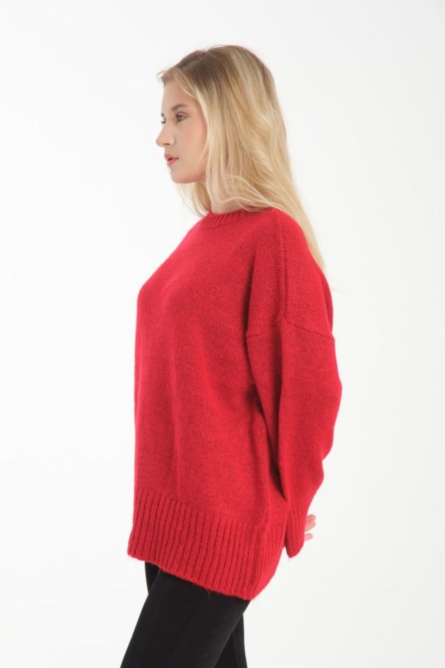 Oversize Basic Uzun Kadın Kazak KIRMIZI - Standart