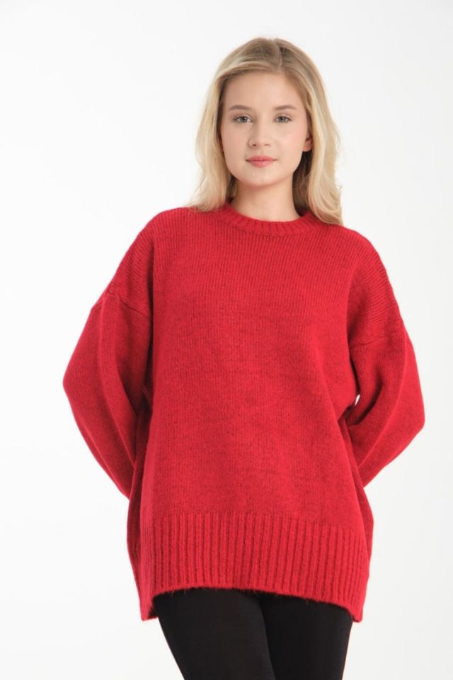 Oversize Basic Uzun Kadın Kazak KIRMIZI - Standart
