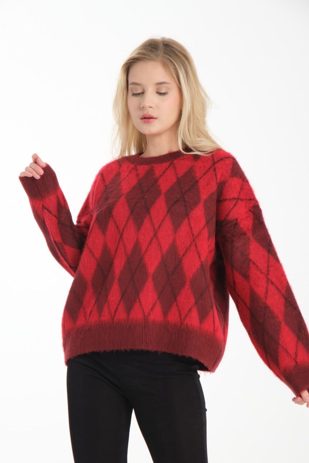 Oversize Baklava Desenli Kadın Kazak BORDO - Standart