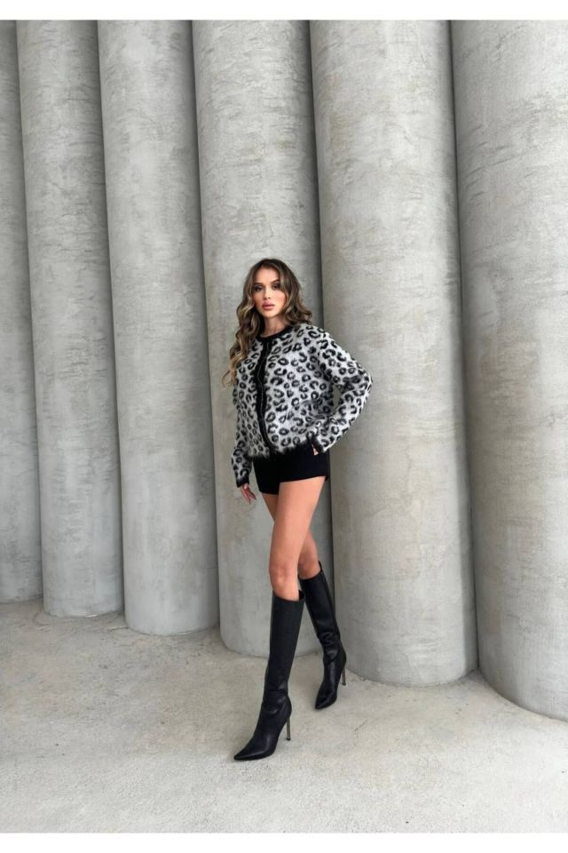 Leopar Desenli Triko Oversize Hırka