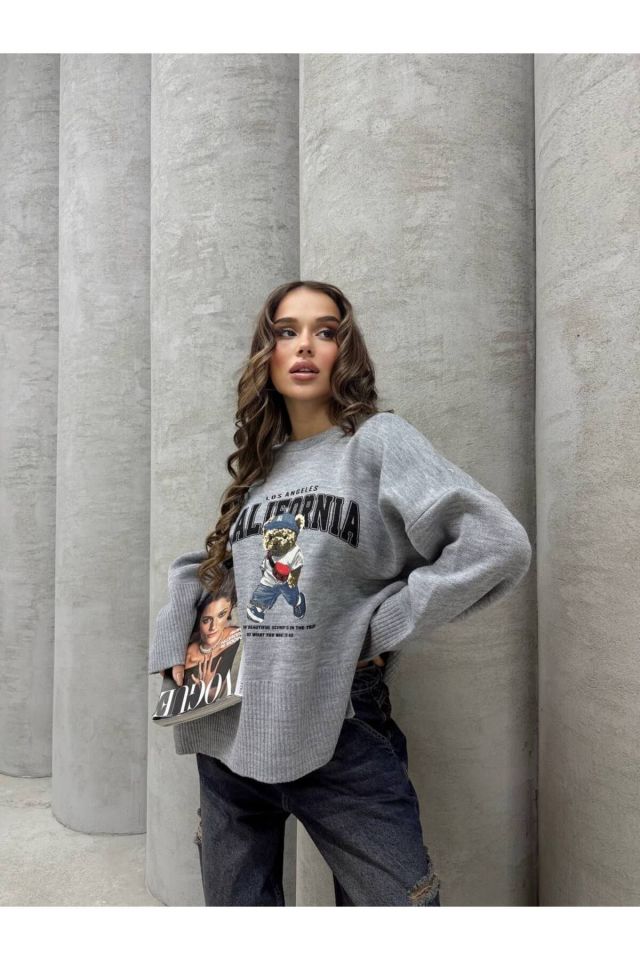 Ayıcık Baskılı Triko Oversize Kazak GRİ - Standart